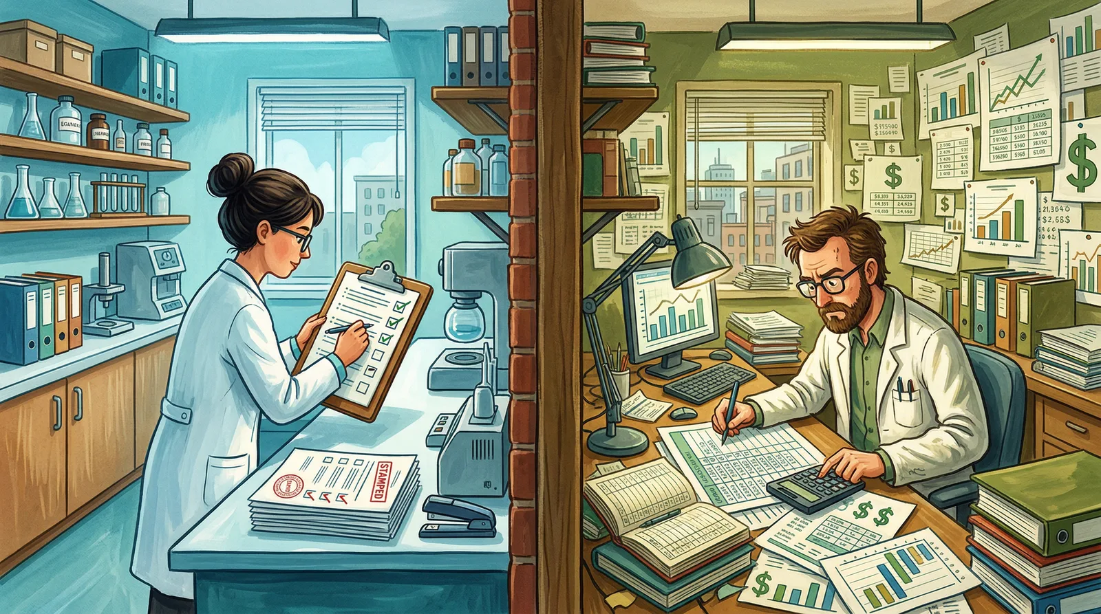 Two contrasting laboratory scenes representing compliance and substantive testing