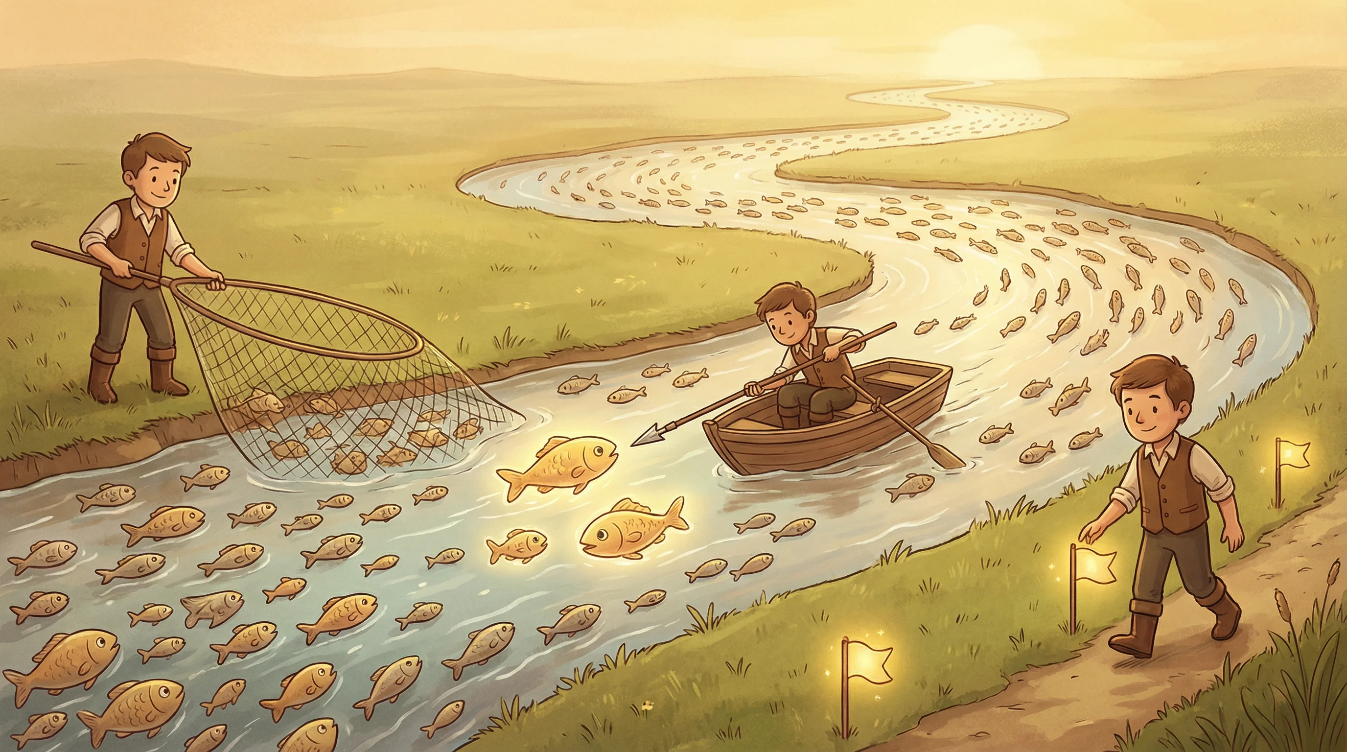 A fishing scene illustrating different sampling methods for audit testing