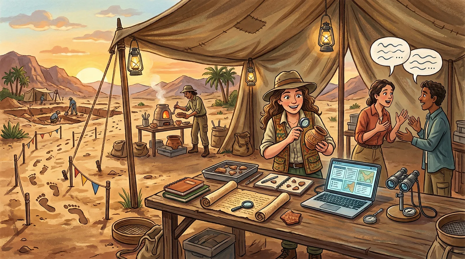 An archaeologist at a field station illustrating evidence collection techniques