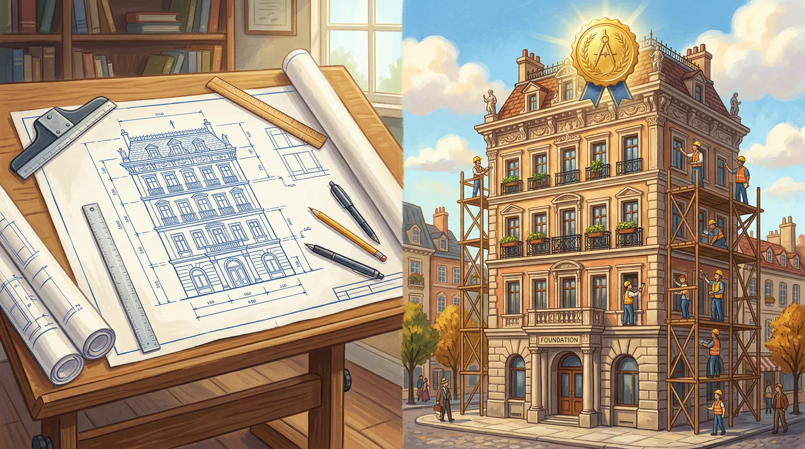 A building under construction with floors representing audit report sections